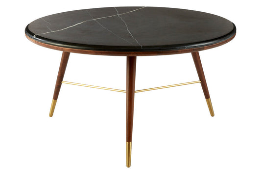 Marble Top Round Coffee Table with Walnut Wood Frame in Natural Finish, Kenso