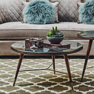 Marble Top Round Coffee Table with Walnut Wood Frame in Natural Finish, Kenso