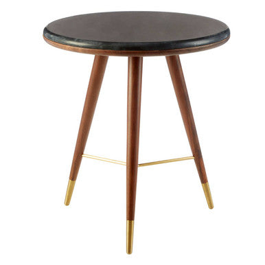 Marble Round End Table with Walnut Wood Frame in Natural Finish | Kenso