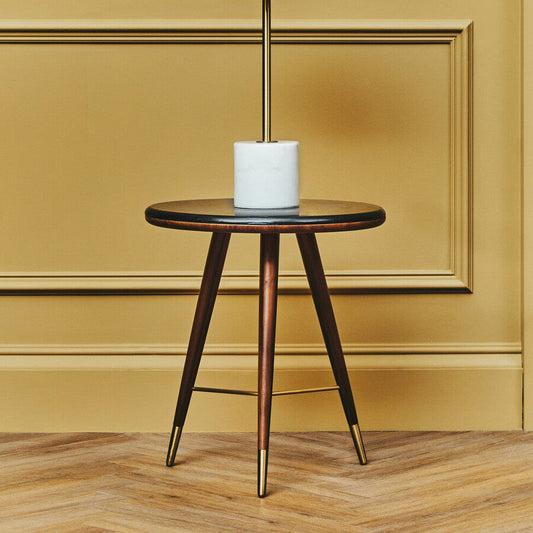 Marble Round End Table with Walnut Wood Frame in Natural Finish, Kenso