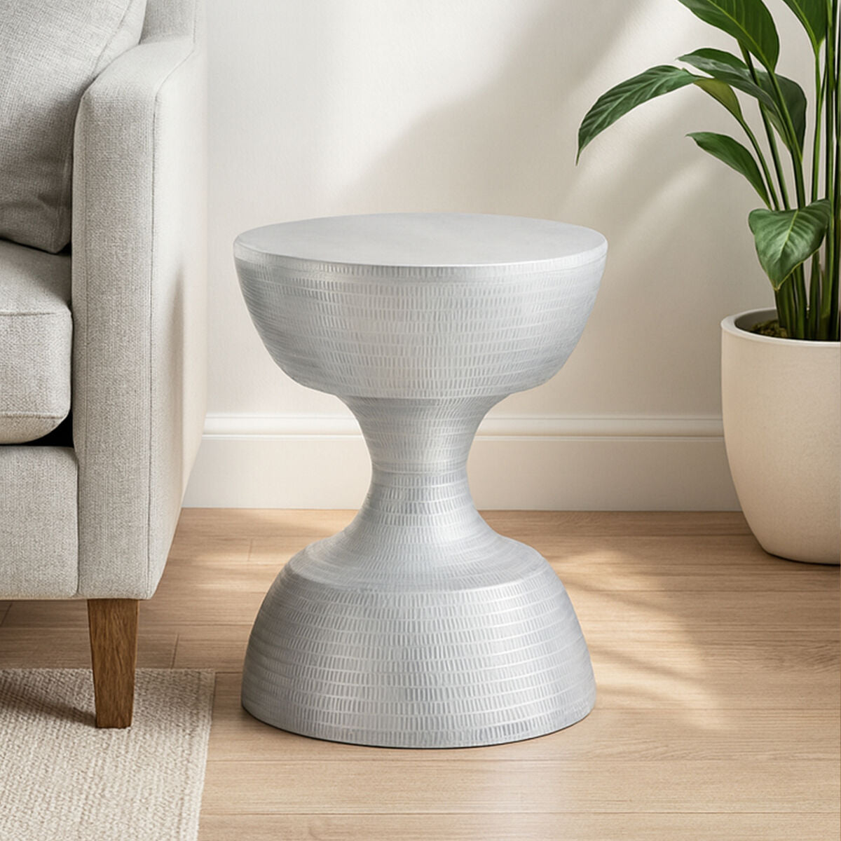 Silver Small Hourglass Aluminium Side Table with Engraved Detail, Matin
