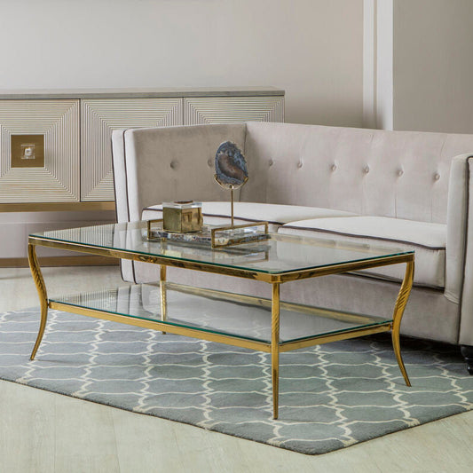 Two-Tier Coffee Table with Clear Tempered Glass Top and Gold Finish Stainless Steel Frame, Arezzo