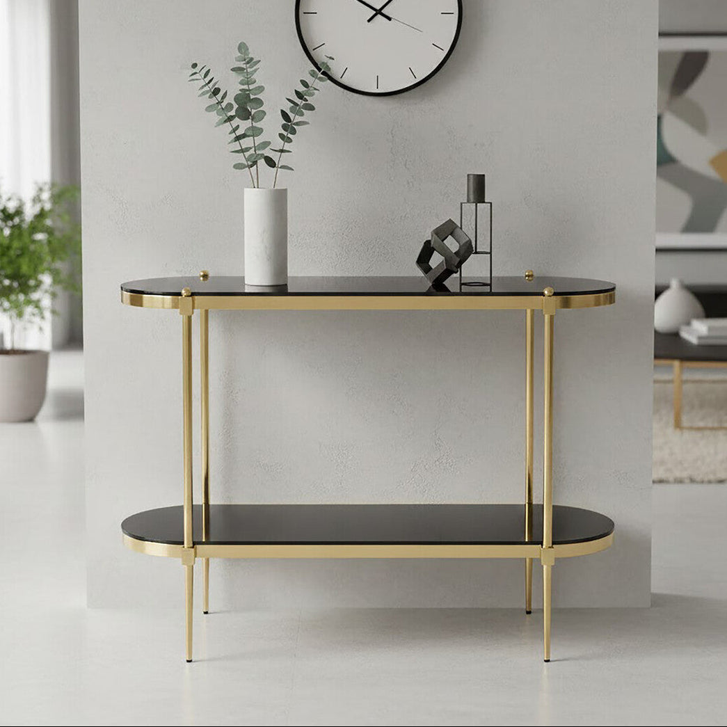 Gold Stainless Steel Frame 2-Tier Console Table with Double Black Tempered Glass Tiers | Arezzo