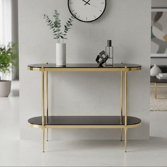 Gold Stainless Steel Frame 2-Tier Console Table with Double Black Tempered Glass Tiers, Arezzo