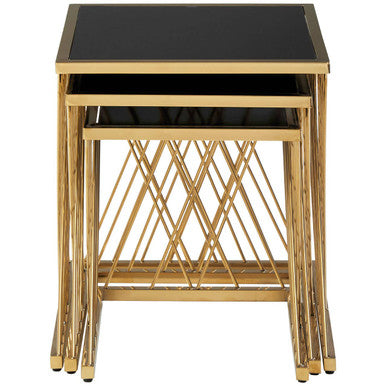 Set of 3 Gold Finish Stainless Steel Frame Nesting Tables with Black Glass Tops, Arezzo