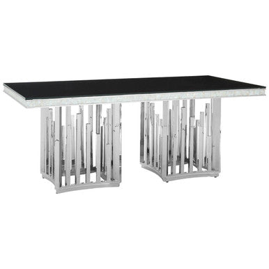 Rectangular Black Tempered Glass Top Dining Table with Silver Steel Frame | Eliza