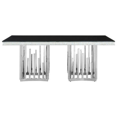 Rectangular Black Tempered Glass Top Dining Table with Silver Steel Frame | Eliza