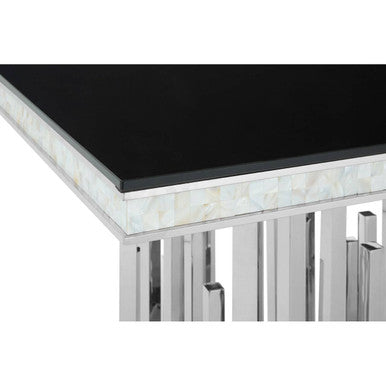 Rectangular Black Tempered Glass Top Dining Table with Silver Steel Frame | Eliza
