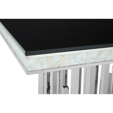 Rectangular Black Tempered Glass Top Dining Table with Silver Steel Frame | Eliza