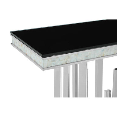Rectangular Black Tempered Glass Top Console Table with Silver Steel Frame, Eliza
