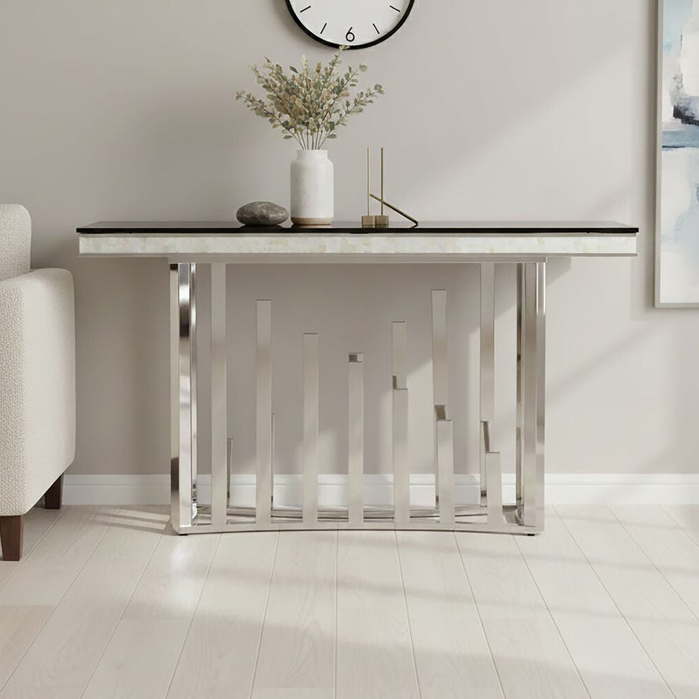 Rectangular Black Tempered Glass Top Console Table with Silver Steel Frame, Eliza