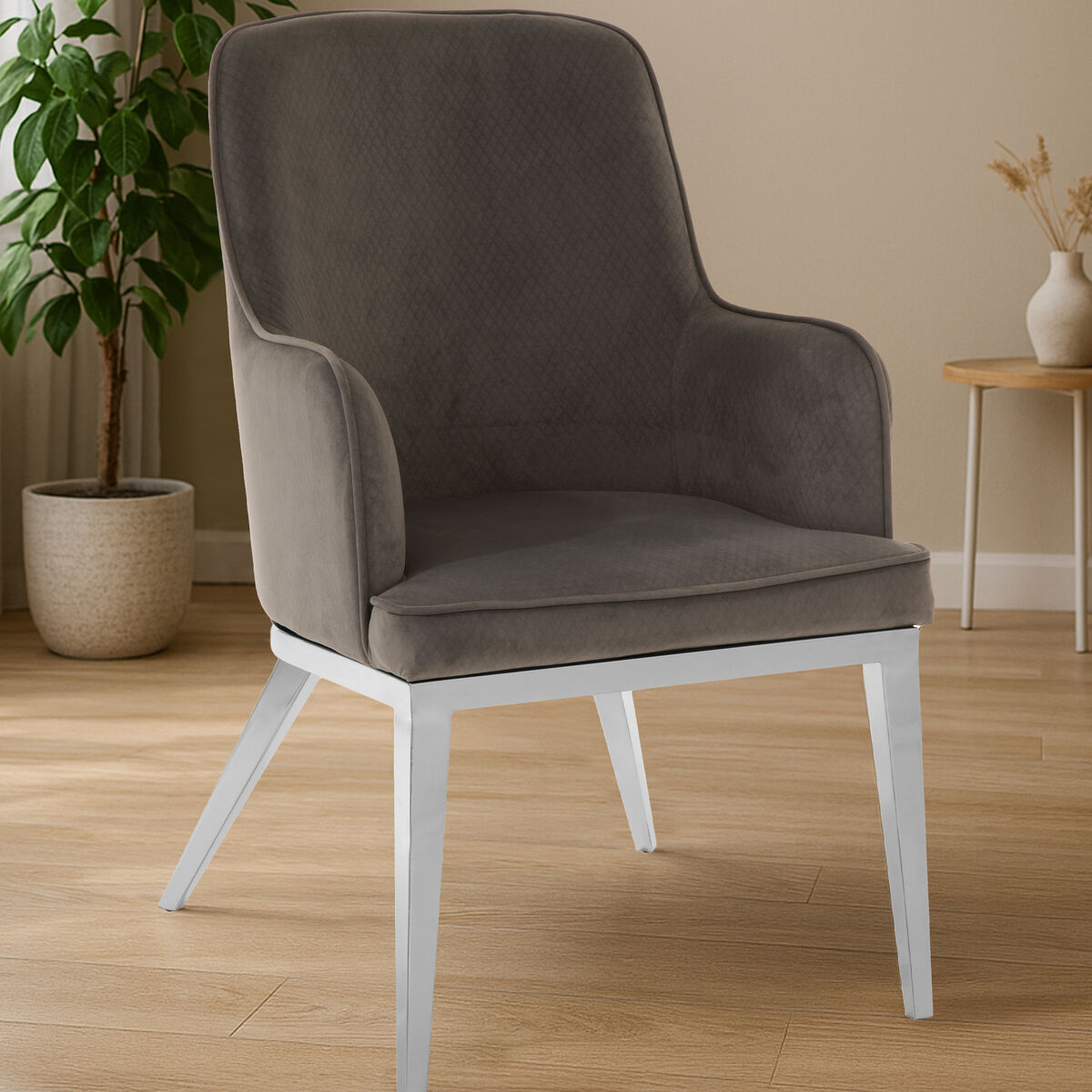 Grey Velvet Dining Chair with Silver Finish Legs | Eliza