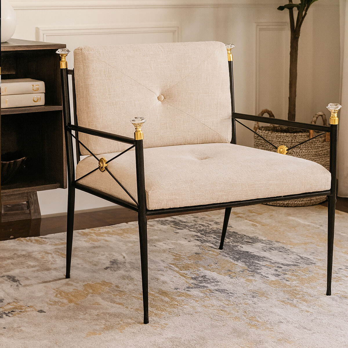 Monroe White Linen Lounge Chair with Black Metal Frame