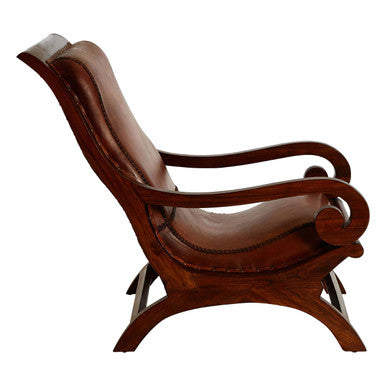 Inca Brown Leather Lounge Chair and Footstool with Teak Wood Frame