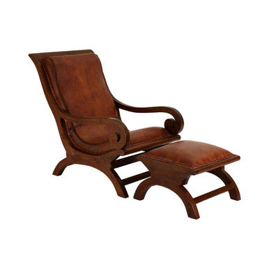 Inca Brown Leather Lounge Chair and Footstool with Teak Wood Frame