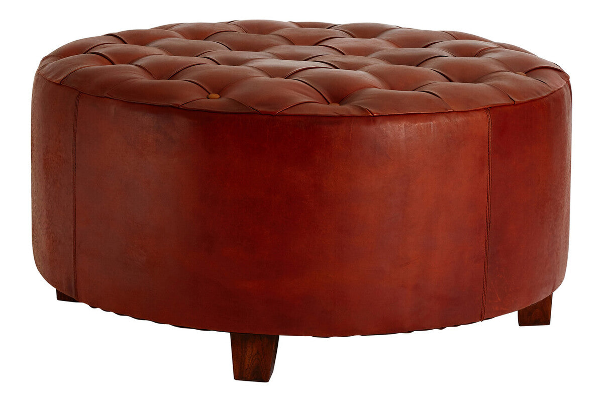 Round Button Tufted Antique Brown Leather Large Stool | Inca