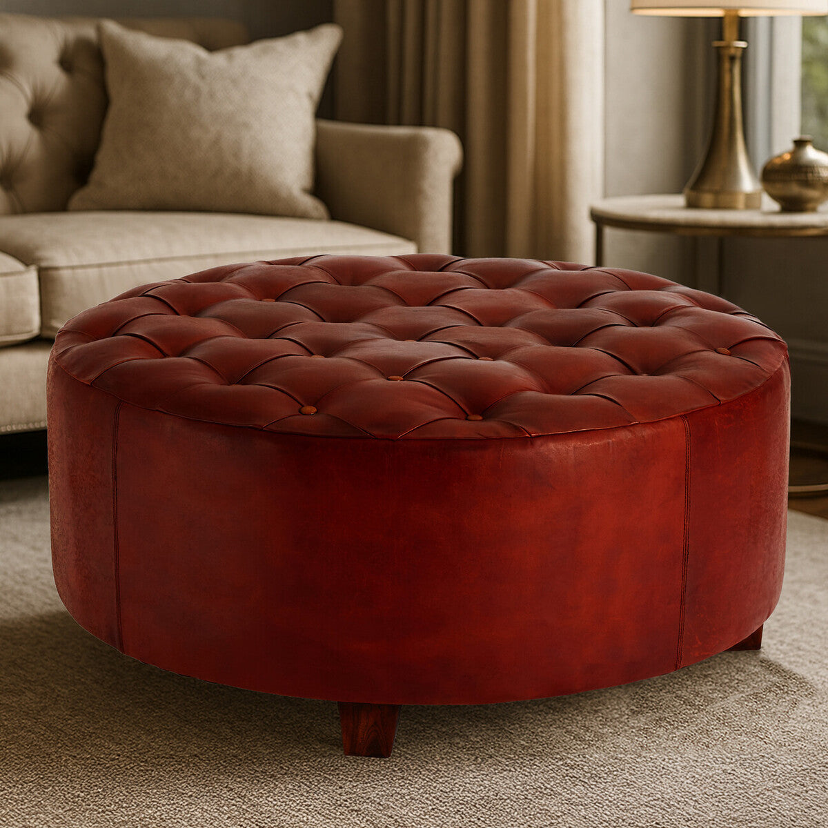 Round Button Tufted Antique Brown Leather Large Stool | Inca