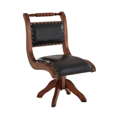 Inca Black Leather and Teak Wood Swivel Chair