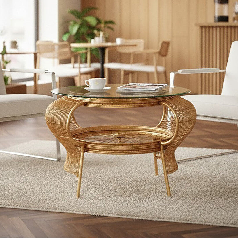 Clear Glass Top Table with Gold Finish Bamboo and Iron Frame, Mantis