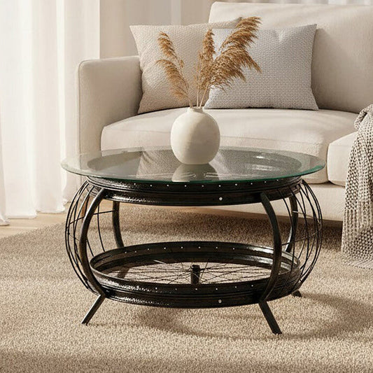 Clear Glass Top Coffee Table with Black Finish Bamboo and Iron Frame, Mantis