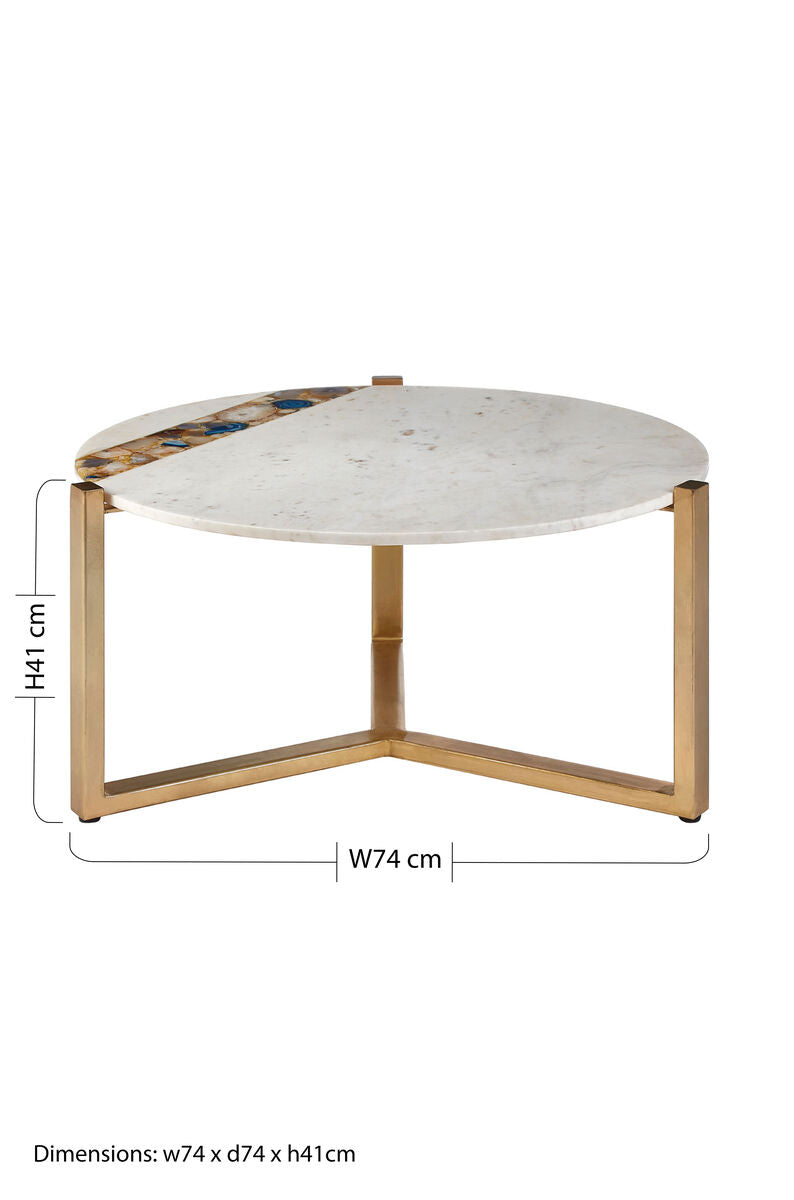 White Marble and Agate Top Round Coffee Table with Brass Iron Legs, Vizzini