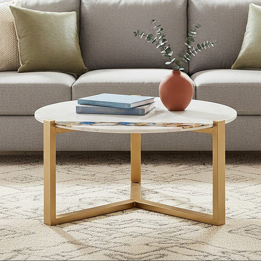 White Marble and Agate Top Round Coffee Table with Brass Iron Legs, Vizzini