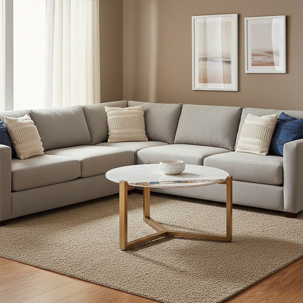 White Marble and Agate Top Round Coffee Table with Brass Iron Legs | Vizzini