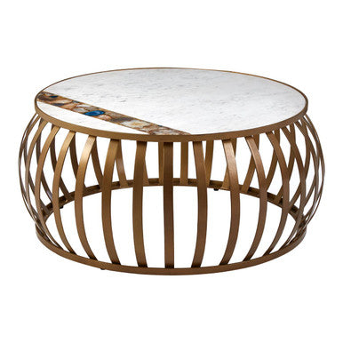 Semi-Precious Agate and White Marble Top Round Coffee Table with Brass Finish Iron Base, Vizzini