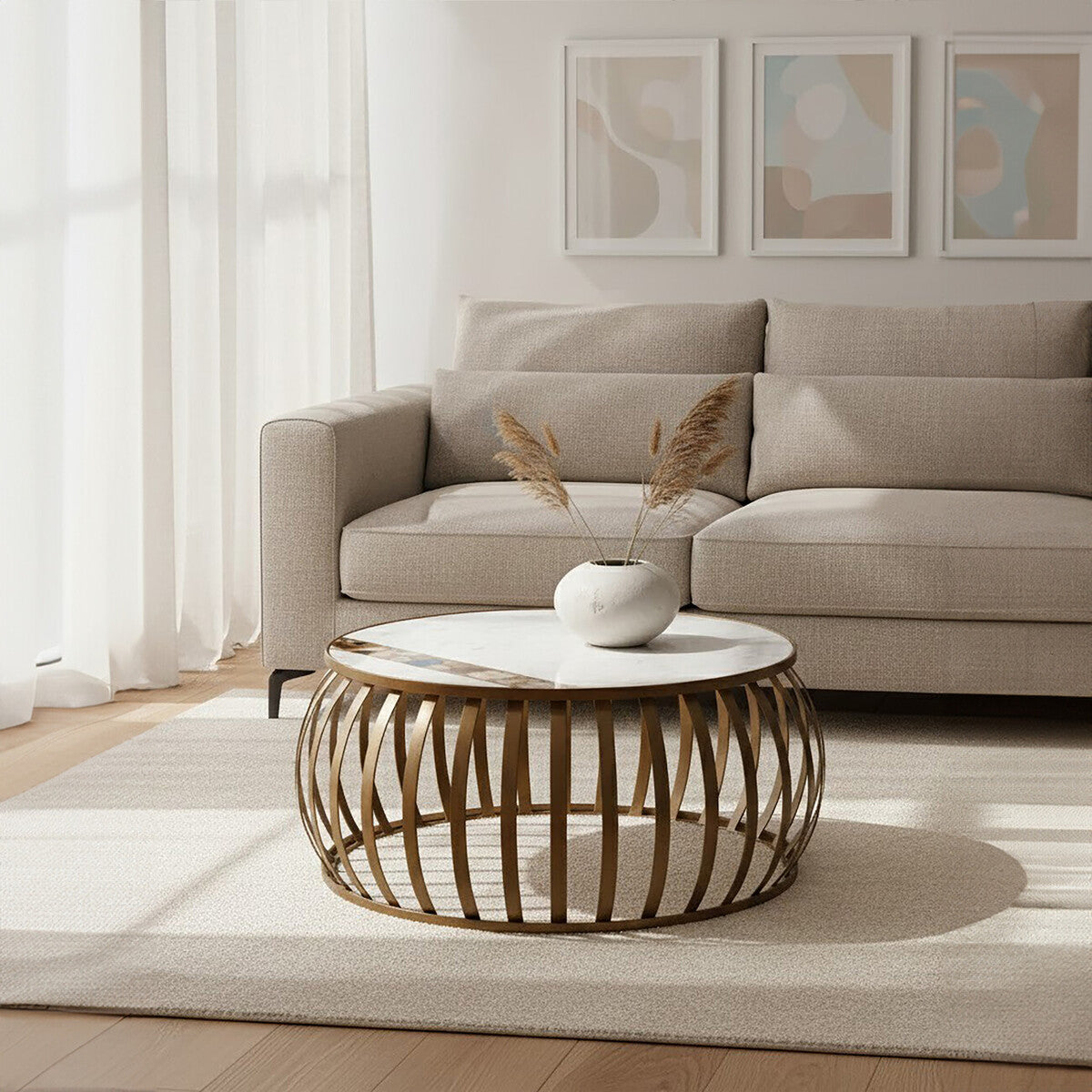 Semi-Precious Agate and White Marble Top Round Coffee Table with Brass Finish Iron Base, Vizzini