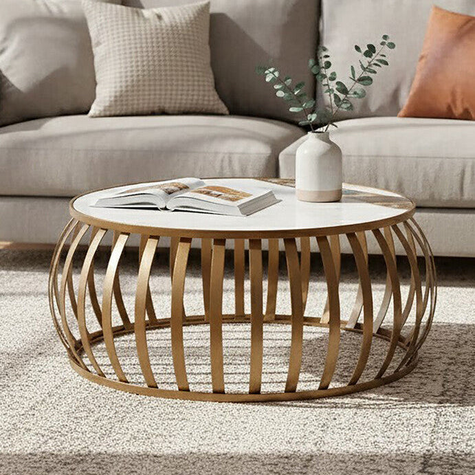 Semi-Precious Agate and White Marble Top Round Coffee Table with Brass Finish Iron Base, Vizzini