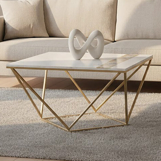White Marble Top Square Coffee Table with Semi Precious Agate Stone Inlay, Vizzini