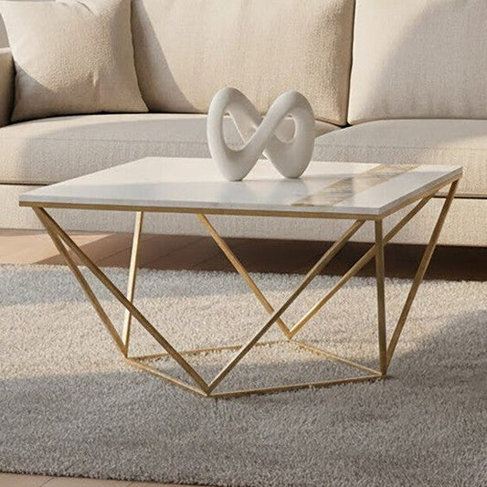 White Marble Top Square Coffee Table with Semi Precious Agate Stone Inlay, Vizzini