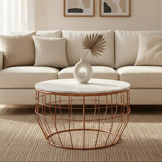 White Marble Top Coffee Table with Agate Inset and Copper Iron Wireframe Base, Vizzini