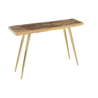 Natural and Rustic Petrified Wood Console Table Slim Brass Finish Iron Legs | Relic