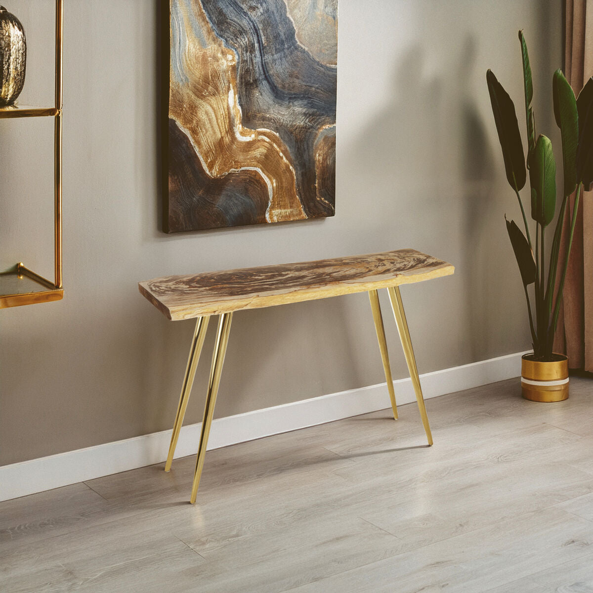 Natural and Rustic Petrified Wood Console Table Slim Brass Finish Iron Legs | Relic