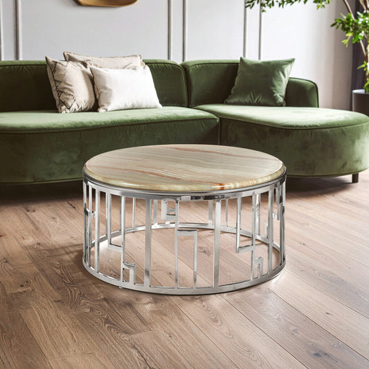 Natural Onyx Stone Top Coffee Table with Silver Stainless Steel Frame, Relic