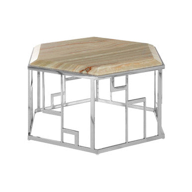Natural Onyx Stone Top Hexagonal Coffee Table with Wavy Banding and Silver Stainless Steel Frame | Relic
