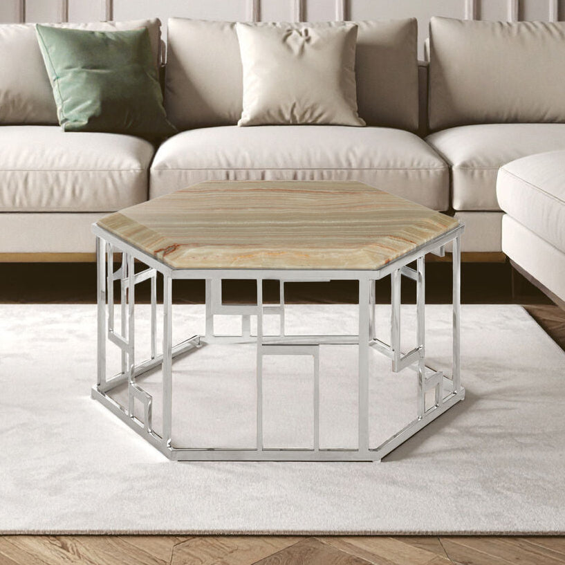 Natural Onyx Stone Top Hexagonal Coffee Table with Wavy Banding and Silver Stainless Steel Frame | Relic