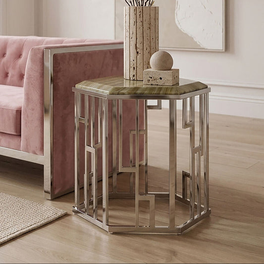 Natural Onyx Stone Top Hexagonal Side Table with Wavy Banding and Silver Stainless Steel Frame, Relic