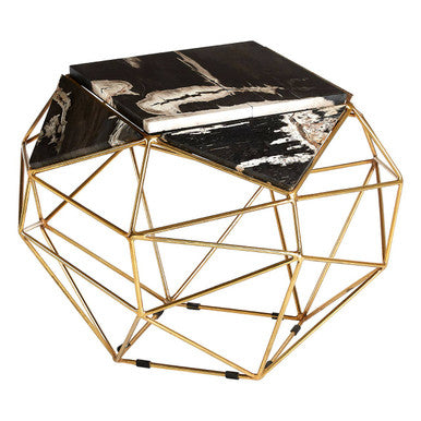 Dark Petrified Wood Top Rectangular Side Table with Gold Brass Tone Iron Base | Relic