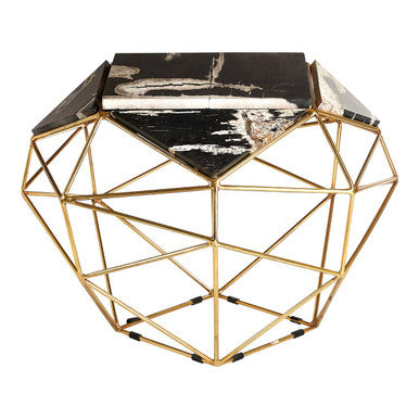 Dark Petrified Wood Top Rectangular Side Table with Gold Brass Tone Iron Base | Relic