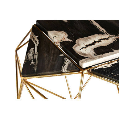 Dark Petrified Wood Top Rectangular Side Table with Gold Brass Tone Iron Base | Relic