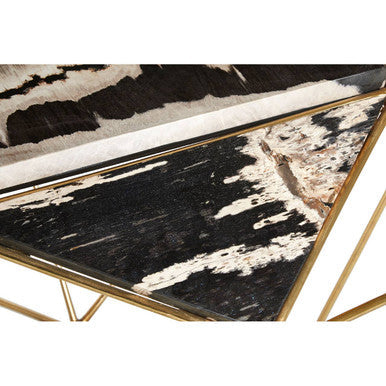 Dark Petrified Wood Top Rectangular Side Table with Gold Brass Tone Iron Base | Relic