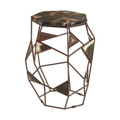 Dark Petrified Wood Top Side Table with Brass Finish Geometric Frame | Relic