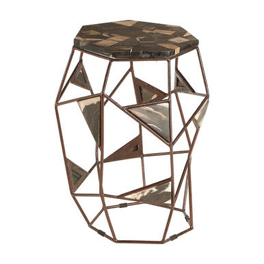 Dark Petrified Wood Top Side Table with Brass Finish Geometric Frame | Relic