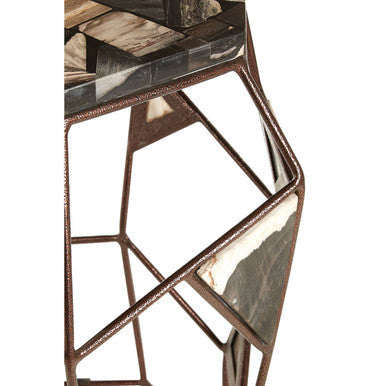 Dark Petrified Wood Top Side Table with Brass Finish Geometric Frame | Relic