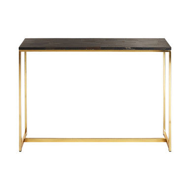 Dark Petrified Wood Top Console Table with Brass Finish Geometric Frame, Relic