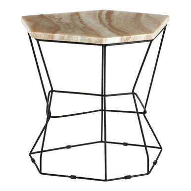 Patterned Natural Onyx Stone Top Side Table with Black Wireframe Base, Relic