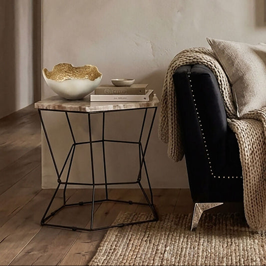 Patterned Natural Onyx Stone Top Side Table with Black Wireframe Base, Relic