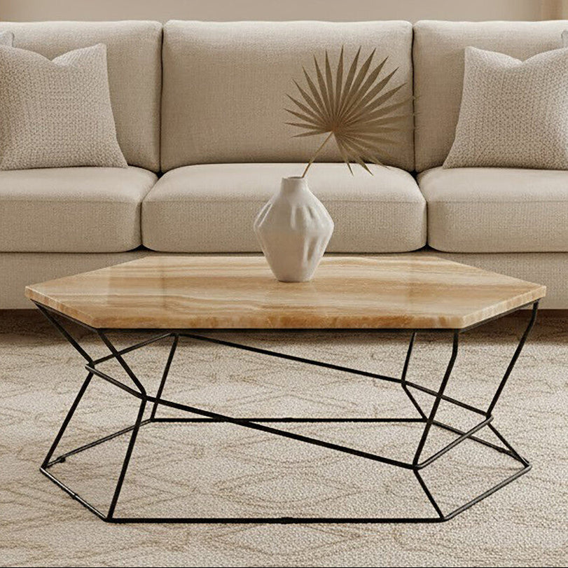 Natural Onyx Stone Top Coffee Table with Black Wireframe Base, Relic